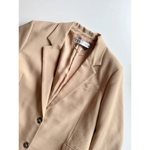 ZARA Camel Tan Polyester Suiting Oversized Relaxed Blazer Suit Jacket, Size L - Picture 6 of 16